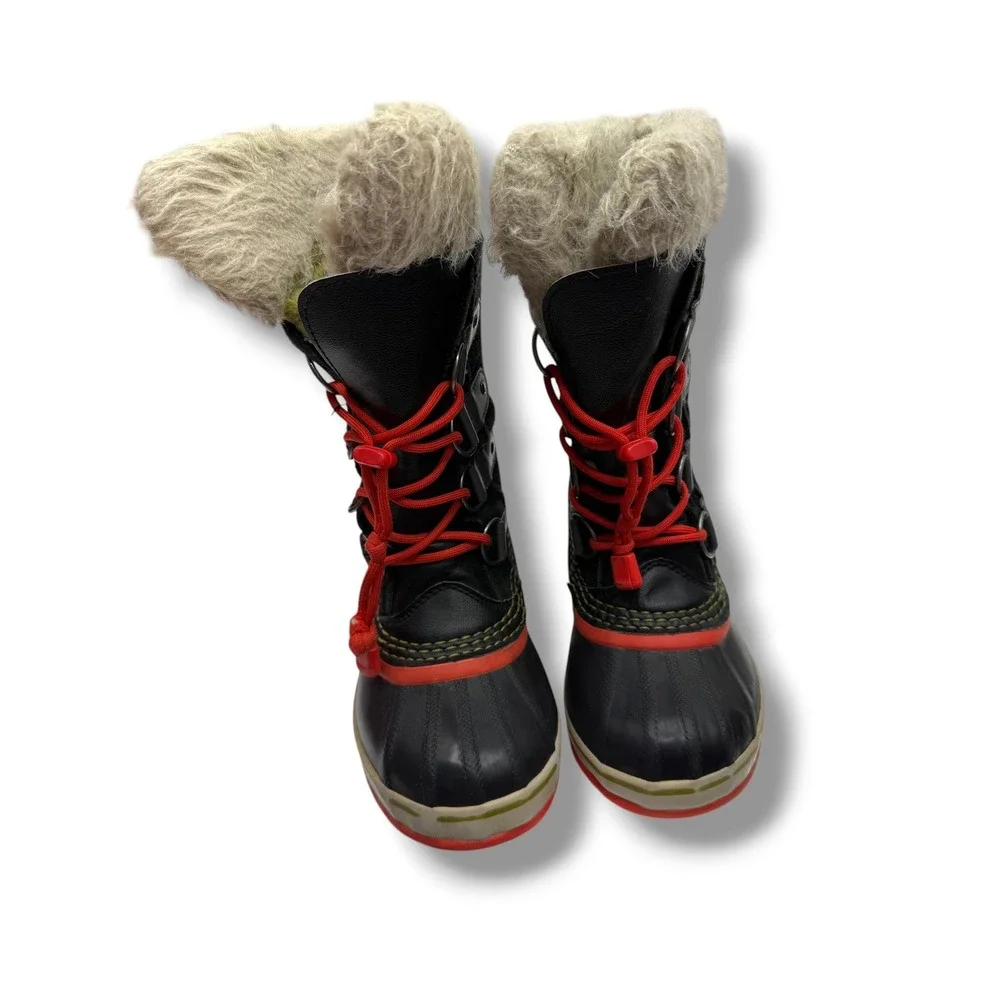 Sorel Tofino Winter Boots Kids Size 1 Black Red‎ Waterproof Faux Fur Snow Boots